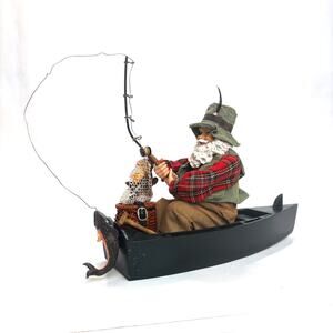 Vtg Clothtique  Santa Fishing In Wooden Canoe Christmas Stocking Holder